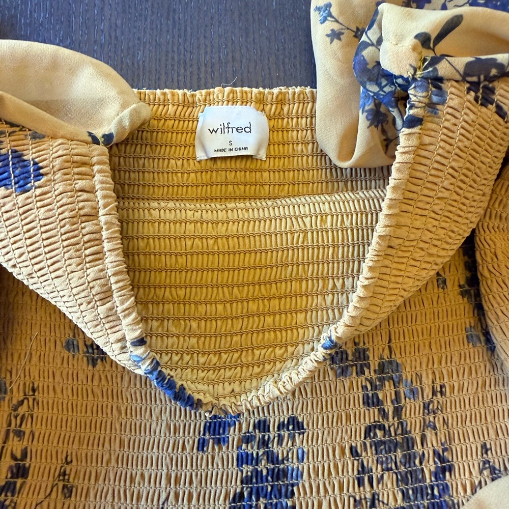 Wilfred Yellow Floral Smocked Tiered Mini Dress with Blue Print - Picture 2 of 3